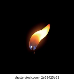 Realistic candle fire flame. 3D flare texture isolated on black background. Closeup burning wick. Small romantic glow flare vector illustration. Memorial candlelight or celebration event decoration