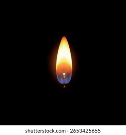 Realistic candle fire flame. Burning wick. Vector 3D flare texture isolated on black background. Closeup candlelight. Small romantic glow flare. Memorial or celebration event decoration. Hot symbol