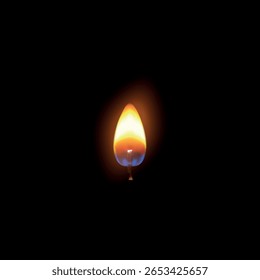 Realistic candle fire flame. Burning wick. 3D flare texture on black background. Closeup candlelight, hot sign. Small romantic glow flare vector illustration. Memorial or celebration event decoration