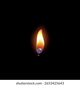 Realistic candle fire flame. Vector 3D candle stump flare, burning wick texture on black background. Small romantic glow flare illustration. Memorial candlelight or celebration event decoration