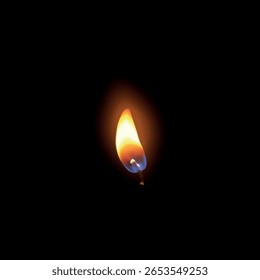 Realistic candle fire flame vector illustration. 3D flare texture isolated on black background. Closeup candlelight. Small romantic glow flare in night. Memorial or celebration event decoration