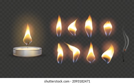 Realistic candle flame. 3d flaming candles, wax burning wick, moving memorial fire, xmas tealight, holy decor romantic lighting extinguish lamp smoke, tidy vector illustration. Realistic fire candle