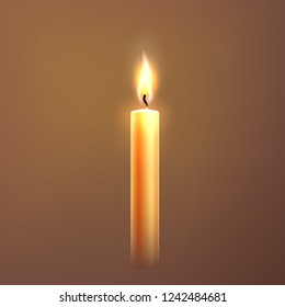 Realistic candle with flame. Church religious ceremony symbol. Festive holiday party, night lighting, christmas or new year decoration. Glowing warm wax object for meditation. Vector illustration