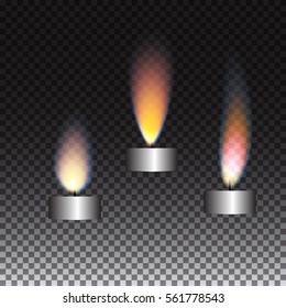 Realistic candle flame set on transparent background. Vector illustration