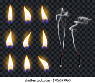 Realistic candle flames. Candlelight fire flame, candles warm burn. Fire transparent illuminate flames vector illustration symbol set. Warm light glowing, burning illuminate wick