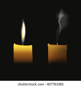 Realistic candle flaming and extinct wick with transparent smoke vector illustration isolated on black background, elegant candle fire light glow