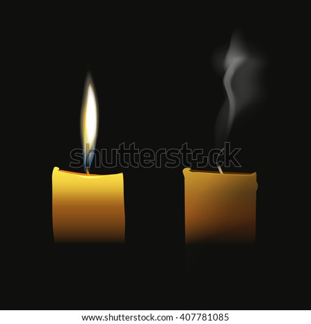 Realistic candle flaming and extinct wick with transparent smoke vector illustration isolated on black background, elegant candle fire light glow