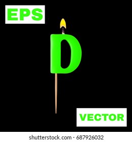 Realistic candle letter D isolated on black background. 3d. Stock - Vector illustration