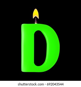 Realistic candle letter D isolated on black background. 3d. Stock - Vector illustration