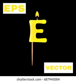 Realistic candle letter E isolated on black background. 3d. Stock - Vector illustration