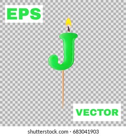 Realistic candle letter J isolated on transparent background. 3d. Stock - Vector illustration