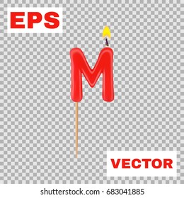 Realistic candle letter M isolated on transparent background. 3d. Stock - Vector illustration