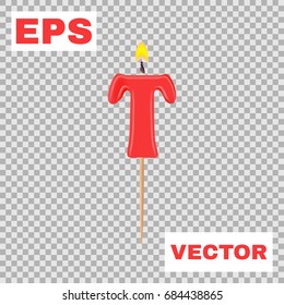 Realistic candle letter T isolated on transparent background. 3d. Stock - Vector illustration