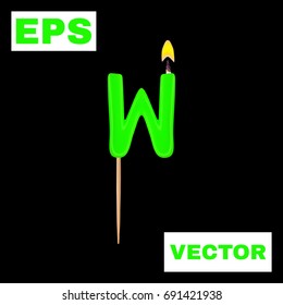 Realistic candle letter W isolated on black background. 3d. Stock - Vector illustration