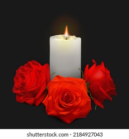 Realistic candle and rosebuds on a black background. Vector illustration