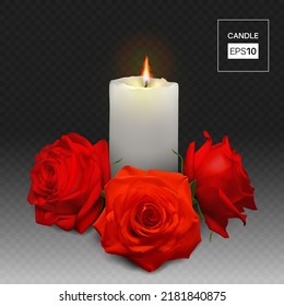 Realistic candle and rosebuds on a transparent background. Vector illustration