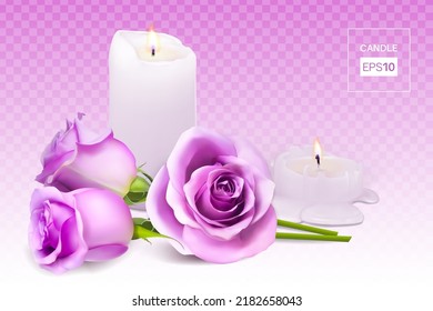 Realistic candle and rosebuds on a transparent background. Vector illustration