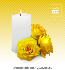 Realistic candle and yellow rosebuds on a transparent background. Vector illustration
