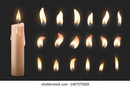 Realistic candles. 3D burning celebration wax candles with different small glowing flames. Vector fire illumination birthday party, church candles set on black transparent background