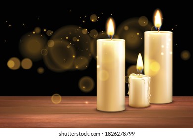 Realistic candles background composition with wooden surface and burning candle images with golden particles and flares vector illustration