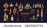 Realistic candles in candlesticks set. Retro vintage candle holders, chandelier and candelabrums with burning flames. Household and church items vector