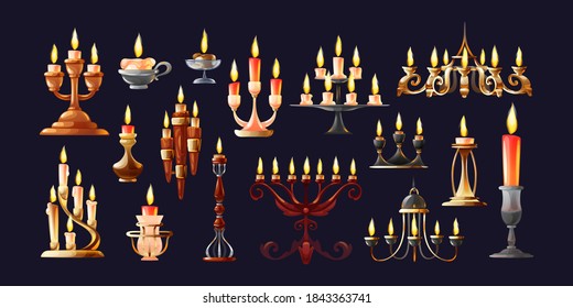 Realistic candles in candlesticks set. Retro vintage candle holders, chandelier and candelabrums with burning flames. Household and church items vector