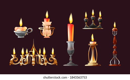 Realistic candles in candlesticks set. Retro vintage candle holders, chandelier and candelabrums with burning flames. Household and church items vector