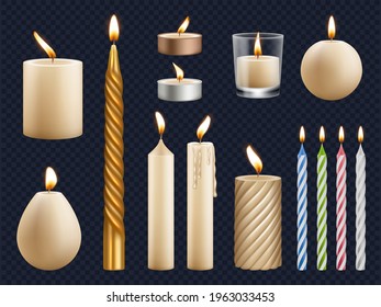 Realistic candles. Church wax candles collection birthday celebration fire items lighting glow effects decent vector templates set isolated