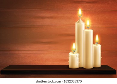 Realistic candles composition with set of four tall burning candles on flat table with wooden background vector illustration