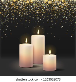 Realistic candles at dark background and golden glittering confetti Vector illustration