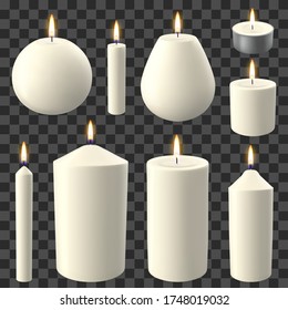 Realistic candles. Holidays candlelight, romantic and cozy flaming wax candle, party celebration burning lights vector illustration set. Candlelight fire romantic, wax candle decoration form