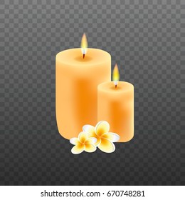 Realistic candles with plumeria flowers. Spa concept with candles