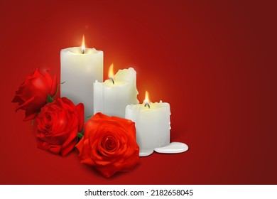 Realistic candles and rosebuds on a red background. Vector illustration