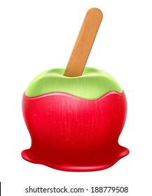 Realistic Candy Apple With Wooden Stick. Red Caramel, Green Apple.