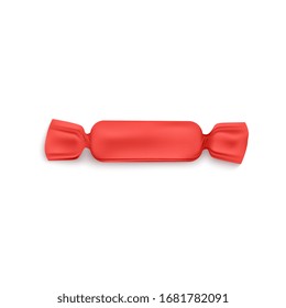Realistic candy or bonbon red wrapper mockup vector illustration isolated on white background. Food sweetmeats blank packaging for branding and design presentation.