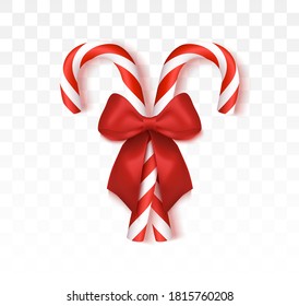 Realistic candy with bow isolated on transparent backdrop. Christmas cane, christmas candy, christmas stick, red candy.