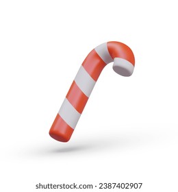 Realistic candy cane in cartoon style. Sweet cane in white and red colors and shadow. Christmas decoration and gift. Vector illustration in 3d realistic style