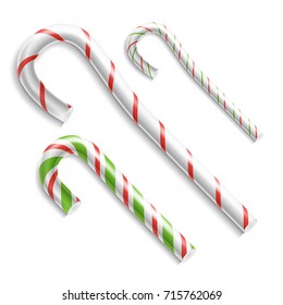 Realistic Candy Cane Vector. Classic Stick Christmas Candy Cane. Set Isolated On White. Top View. Good For Xmas Card And New Year Design. Realistic Illustration
