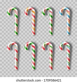 Realistic Candy Canes On Transparent Background. Design Elements For Christmas Or New Year Greeting Card