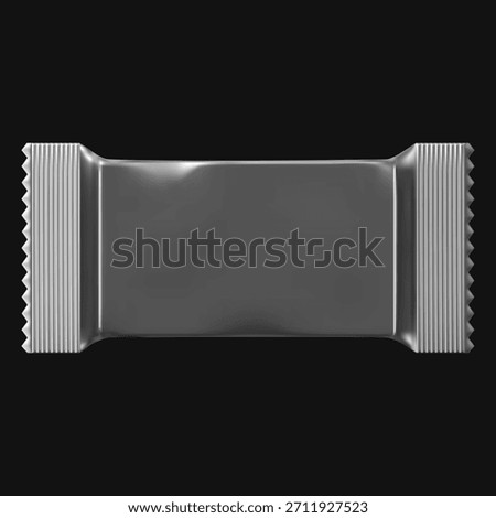 Realistic candy foil package mockup. Vector product wrapper blank. Empty candy, chocolate bar, wafer package on black background. Showcasing sweet dessert snack plastic sachet container design
