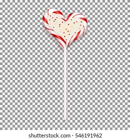 Realistic candy isolated on transparent backdrop. Sweet in the form of heart for Valentine's Day. Vector illustration.
