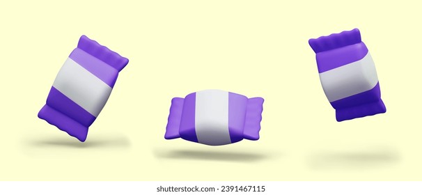 Realistic candy in packaging. Unlabeled sweets wrapper, place for brand, mockup. Elements in different positions, templates for design of confectionery, sweet shop advertising
