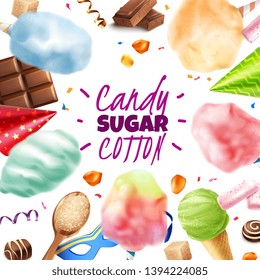 Realistic candy sugar cotton frame background with editable text and round composition of various confectionery products vector illustration