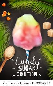 Realistic candy sugar cotton posterwith image of cotton candy surrounded by palm leaves and text vector illustration