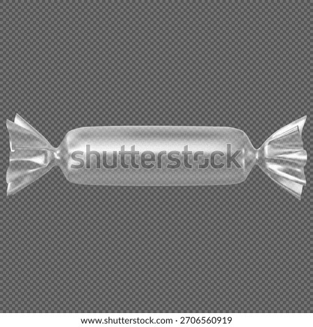 Realistic candy transparent polyethylene package mockup. Vector product twisted long pouch wrapper blank. Empty chocolate bar, caramel confectionery plastic bag. Sweet dessert snack showcasing design
