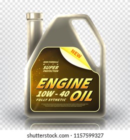 Realistic canister with engine oil. Vector illustration with 3d bottle of motor oil isolated on transparent background.