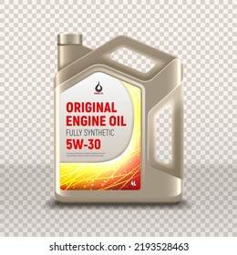 Realistic canister of engine oil. Realistic vector illustration with canister of engine oil isolated on checkered background. 3d ad mockup. Advertisement of full synthetic and protection engine oil.