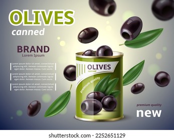 Realistic canned olives. Natural italian product, greek pickled falling vegetables, tin can, flying leaves and black eco olives, promotional advertisement banner, utter vector 3d concept