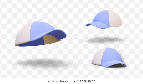 Captura realista en colores azul y blanco con sombras en diferentes posiciones. Sombreros protectores para niños y adultos durante los días de verano. Ilustración vectorial en estilo 3d