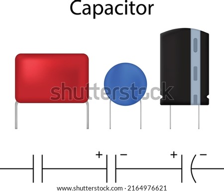 Realistic capacitor electronic component with symbols vector illustration electrical device icon art.